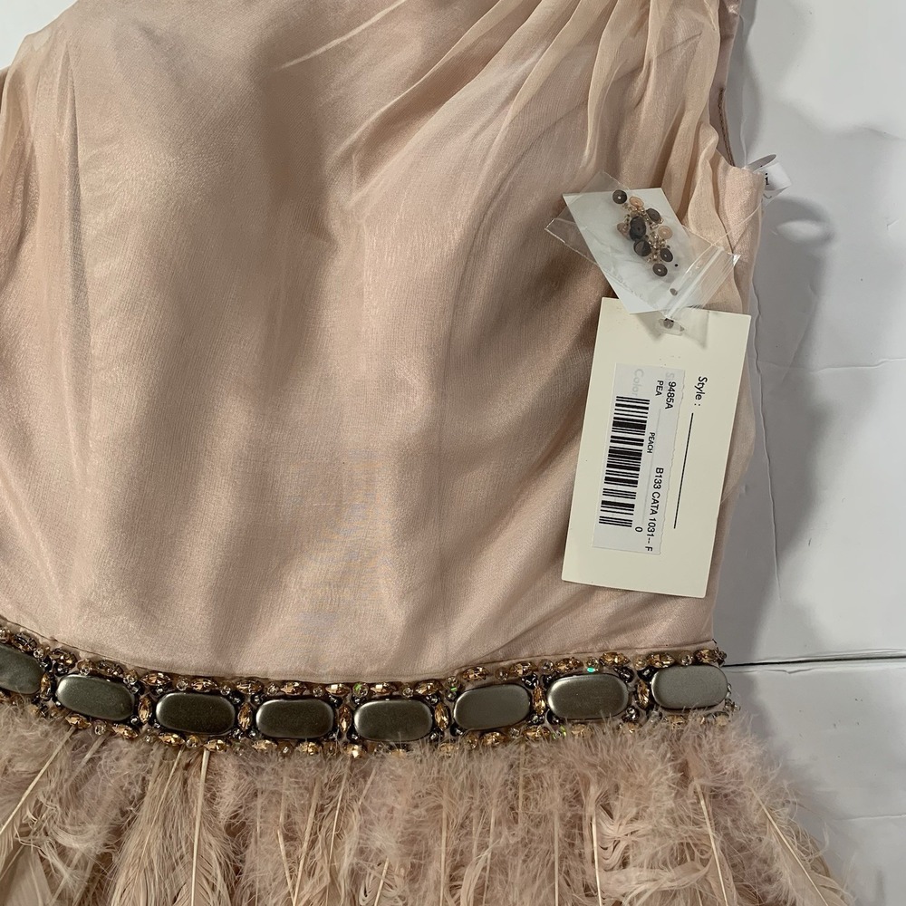 Jovani Asymmetrical Feathered Mini Dress in Cream and Brown - Picture 11 of 12
